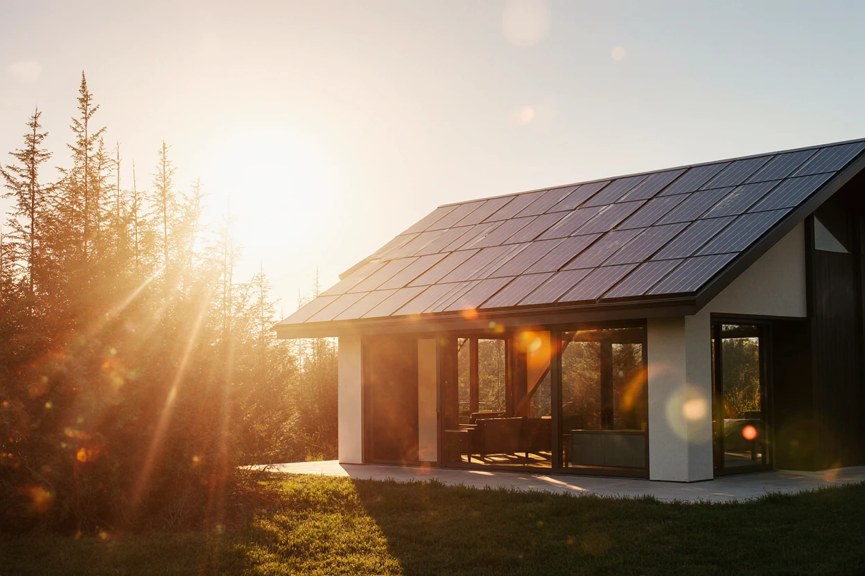 Nachhaltiges Smart Home: Haus mit Solarpanelen, zeigt die Lösungen von Schauss Technology für Energieeffizienz und Automation.